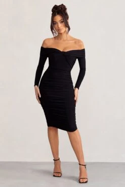 Lulu | Black Twist Front Bardot Midi Dress With Sleeves -ENY Clothing Shop WB BR CL127851 LuluBlackTwistFrontBardotMidiDressWithSleeves2