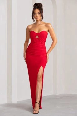 Florencia | Red Sweetheart Bandeau Neckline Maxi Dress With Front Drape Detail -ENY Clothing Shop WB BR CL127987 FlorenciaRedSweetheartBandeauNecklineMaxiDressWithFrontDrapeDetail0copy