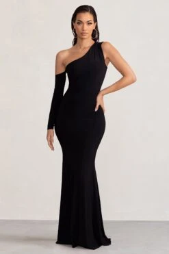 Baylor | Black One Shoulder Draped Skirt Maxi Dress -ENY Clothing Shop WB BR CL127988 BaylorBlackOneShoulderDrapedSkirtMaxiDress0