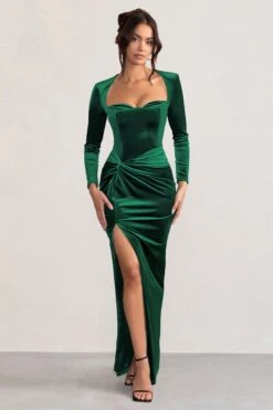 Fay | Bottle Green Velvet Corset Style Knot Maxi Dress -ENY Clothing Shop WB BR CL128016 FayBottleGreenVelvetCorsetStyleKnotMaxiDress2