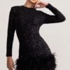 Claudia | Black Sequin High Neck Feather Hem Mini Dress With Long Sleeves -ENY Clothing Shop WB BR CL128035 ClaudiaBlackSequinHighNeckFeatherHemMiniDressWithLongSleeves0