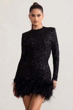 Claudia | Black Sequin High Neck Feather Hem Mini Dress With Long Sleeves -ENY Clothing Shop WB BR CL128035 ClaudiaBlackSequinHighNeckFeatherHemMiniDressWithLongSleeves1