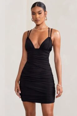 Bellamy | Black Ruched Double Strap Mini Dress -ENY Clothing Shop WB BR CL128050 BellamyBlackAsymmetricRuchedMeshMiniDress1