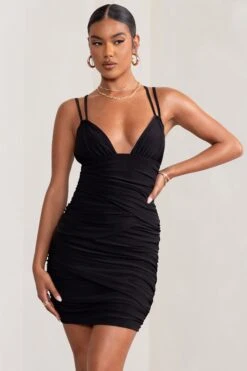 Bellamy | Black Ruched Double Strap Mini Dress -ENY Clothing Shop WB BR CL128050 BellamyBlackAsymmetricRuchedMeshMiniDress2