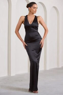 Emery | Black Satin Plunge Neck Strappy Back Maxi Dress -ENY Clothing Shop WB BR CL128073002 EmeryBlackSatinPlungeNeckStrappyBackMaxiDress2