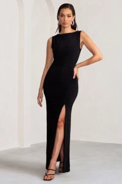 Ione | Black Ruched Wide Neck Maxi Dress With Open Back Detail -ENY Clothing Shop WB BR CL128193 IoneBlackRuchedWideNeckMaxiDressWithOpenBackDetail1