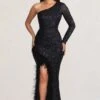 Alexis | Black One Sleeve Maxi Dress With Feather Trimmed Thigh Split -ENY Clothing Shop WB BR CL128279 AlexisBlackOneSleeveMaxiDressWithFeatherTrimmedThighSplit1