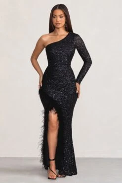 Alexis | Black One Sleeve Maxi Dress With Feather Trimmed Thigh Split