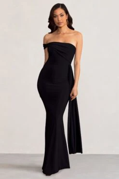 Aaliyah | Black Asymmetric Bardot Maxi Dress With Drape -ENY Clothing Shop WB BR CL128282 AaliyahBlackAsymmetricBardotMaxiDresswithDrape1