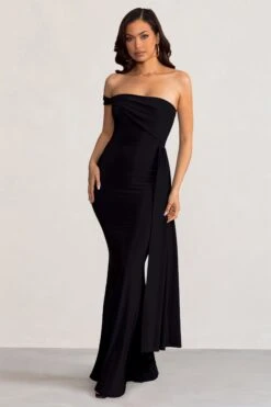 Aaliyah | Black Asymmetric Bardot Maxi Dress With Drape -ENY Clothing Shop WB BR CL128282 AaliyahBlackAsymmetricBardotMaxiDresswithDrape2