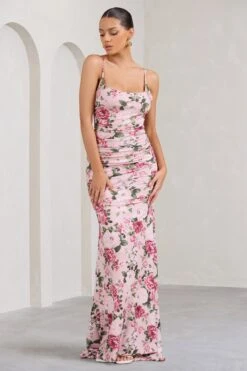 Adele | Pink Floral Print Backless Ruched Fishtail Cami Maxi Dress -ENY Clothing Shop WB BR CL128390146 AdelePinkFloralPrintBacklessRuchedFishtailCamiMaxiDress2