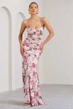 Adele | Pink Floral Print Backless Ruched Fishtail Cami Maxi Dress -ENY Clothing Shop WB BR CL128390146 AdelePinkFloralPrintBacklessRuchedFishtailCamiMaxiDress3