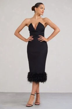 Kensington | Black Bodycon Midi Dress With Statement Feather Trim -ENY Clothing Shop WB BR CL128439002 KensingtonBlackBodyconMidiDressWithStatementFeatherTrim1