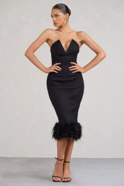 Kensington | Black Bodycon Midi Dress With Statement Feather Trim -ENY Clothing Shop WB BR CL128439002 KensingtonBlackBodyconMidiDressWithStatementFeatherTrim2
