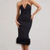 Kensington | Black Bodycon Midi Dress With Statement Feather Trim