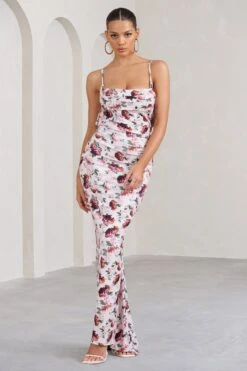 Flute | White Floral Bodycon Maxi Dress With Ruched Ruffled Back -ENY Clothing Shop WB BR CL128443136 FluteWhiteFloralBodyconMaxiDressWithRuchedRuffledBack2