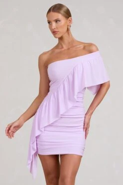 Parfait | Lilac Asymmetric Ruched Mini Dress With Statement Ruffles -ENY Clothing Shop WB BR CL128445098 ParfaitLilacAsymmetricRuchedMidiDressWithStatementRuffles2