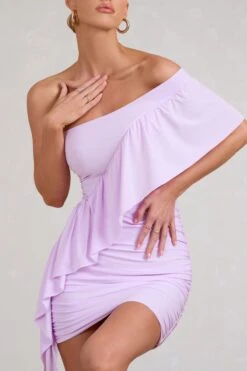 Parfait | Lilac Asymmetric Ruched Mini Dress With Statement Ruffles -ENY Clothing Shop WB BR CL128445098 ParfaitLilacAsymmetricRuchedMidiDressWithStatementRuffles5