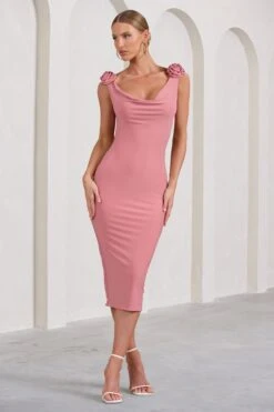 Rosy | Pink Cowl-Neck Midi Dress With Floral Corsages -ENY Clothing Shop WB BR CL128451044 RosyPinkCowl NeckMidiDressWithFloralCorsages2