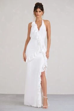 Morning | White Halter-Neck Split Maxi Dress -ENY Clothing Shop WB BR CL128455005 MorningWhiteHalter NeckSplitMaxiDress0