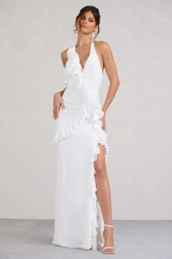 Morning | White Halter-Neck Split Maxi Dress -ENY Clothing Shop WB BR CL128455005 MorningWhiteHalter NeckSplitMaxiDress2
