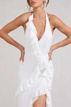 Morning | White Halter-Neck Split Maxi Dress -ENY Clothing Shop WB BR CL128455005 MorningWhiteHalter NeckSplitMaxiDress4