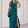 Morning | Bottle Green Ruffled Halter-Neck Split Maxi Dress
