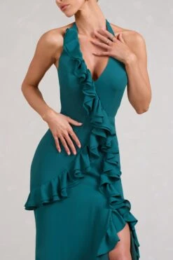 Morning | Bottle Green Ruffled Halter-Neck Split Maxi Dress -ENY Clothing Shop WB BR CL128455047 MorningBottleGreenRuffledHalter NeckSplitMaxiDress4