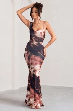 Phantasy | Brown Print Asymmetric Neckline Cowl Maxi Dress -ENY Clothing Shop WB BR CL128730 PhantasyBrownPrintAsymmetricNecklineCowlMaxiDress1