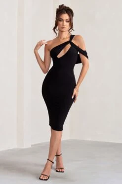Ella | Black Asymmetric Neck Cut Out Midi Dress -ENY Clothing Shop WB BR CL129002 EllaBlackAsymmetricNeckCutOutMidiDress1