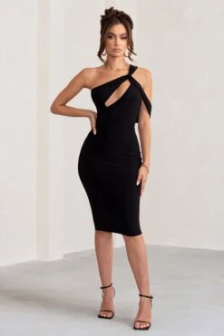 Ella | Black Asymmetric Neck Cut Out Midi Dress -ENY Clothing Shop WB BR CL129002 EllaBlackAsymmetricNeckCutOutMidiDress3