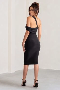 Ella | Black Asymmetric Neck Cut Out Midi Dress -ENY Clothing Shop WB BR CL129002 EllaBlackAsymmetricNeckCutOutMidiDress4