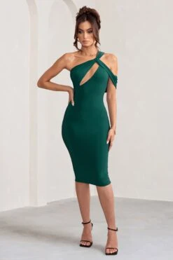 Ella | Bottle Green Asymmetric Neck Cut Out Midi Dress -ENY Clothing Shop WB BR CL129002 EllaBottleGreenAsymmetricNeckCutOutMidiDress2