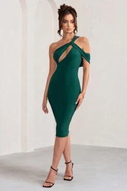 Ella | Bottle Green Asymmetric Neck Cut Out Midi Dress -ENY Clothing Shop WB BR CL129002 EllaBottleGreenAsymmetricNeckCutOutMidiDress3
