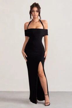 Anisa | Black Halter Neck Bardot Maxi Dress With Thigh Split -ENY Clothing Shop WB BR CL129055 AnisaBlackLayeredHalterNeckBardotMaxiDressWithThighSplit3