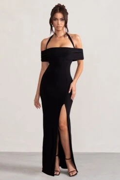 Anisa | Black Halter Neck Bardot Maxi Dress With Thigh Split -ENY Clothing Shop WB BR CL129055 AnisaBlackLayeredHalterNeckBardotMaxiDressWithThighSplit4