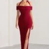 Anisa | Burgundy Halter Neck Bardot Maxi Dress With Thigh Split