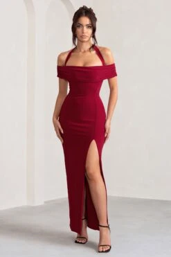 Anisa | Burgundy Halter Neck Bardot Maxi Dress With Thigh Split -ENY Clothing Shop WB BR CL129055 AnisaBurgundyLayeredHalterNeckBardotMaxiDressWithThighSplit1