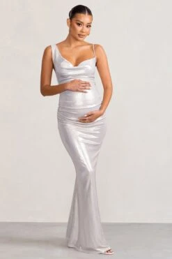 Galaxy Shimmer | Silver Maternity Cowl Neck Maxi Dress -ENY Clothing Shop WB BR CL129061 GalaxyShimmerSilverMaternityCowlNeckMaxiDress2