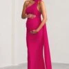 Alula | Hot Pink Maternity Asymmetric Maxi Dress With Cape Detailing -ENY Clothing Shop WB BR CL129201 AlulaHotPinkMaternityAsymmetricNeckMaxiDresswithCapeDetailing8