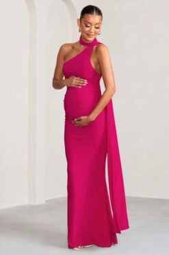 Alula | Hot Pink Maternity Asymmetric Maxi Dress With Cape Detailing