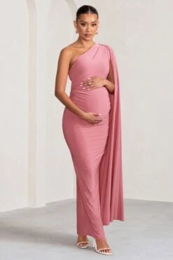 Amaryllis | Blush Pink Maternity One Shoulder Maxi Dress With Cape Sleeve -ENY Clothing Shop WB BR CL129202 AmaryllisBlushPinkMaternityOneShoulderMaxiDresswithCapeSleeve1 01