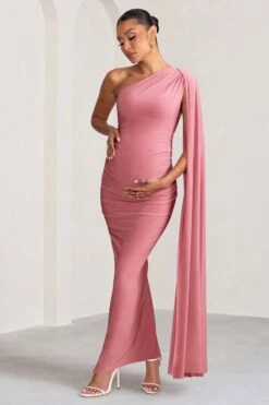 Amaryllis | Blush Pink Maternity One Shoulder Maxi Dress With Cape Sleeve