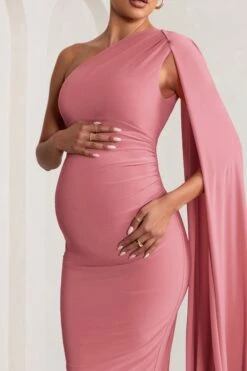 Amaryllis | Blush Pink Maternity One Shoulder Maxi Dress With Cape Sleeve -ENY Clothing Shop WB BR CL129202 AmaryllisBlushPinkMaternityOneShoulderMaxiDresswithCapeSleeve5 01