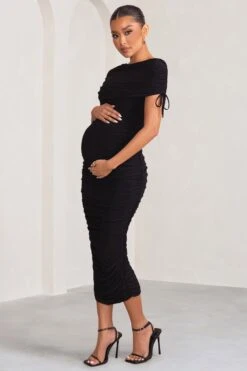 Roxanne | Black Ruched Bardot Maternity Midi Dress 11 Roxanne | Black Ruched Bardot Maternity Midi Dress -ENY Clothing Shop WB BR CL129216 RoxanneBlackRuchedBardotMaternityMidiDress2