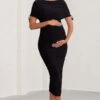Roxanne | Black Ruched Bardot Maternity Midi Dress -ENY Clothing Shop WB BR CL129216 RoxanneBlackRuchedBardotMaternityMidiDress3