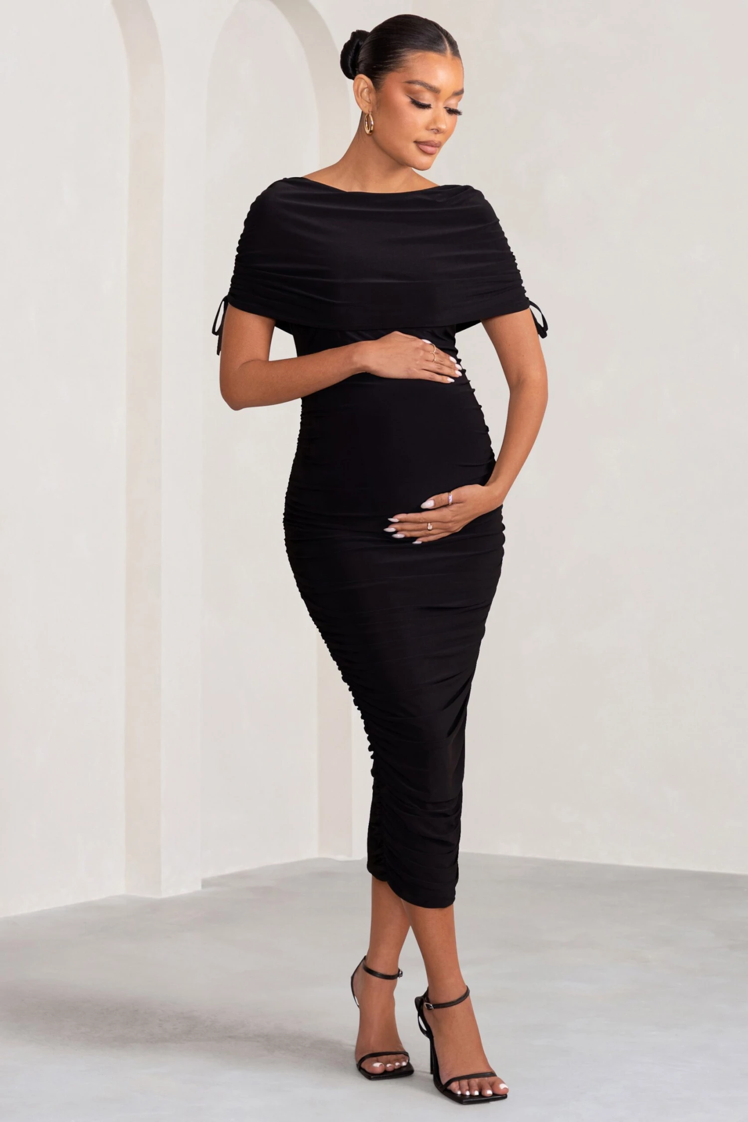 Roxanne | Black Ruched Bardot Maternity Midi Dress 3 Roxanne | Black Ruched Bardot Maternity Midi Dress
