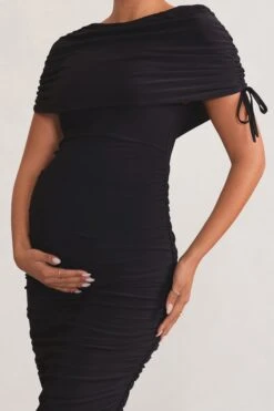 Roxanne | Black Ruched Bardot Maternity Midi Dress 9 Roxanne | Black Ruched Bardot Maternity Midi Dress -ENY Clothing Shop WB BR CL129216 RoxanneBlackRuchedBardotMaternityMidiDress6