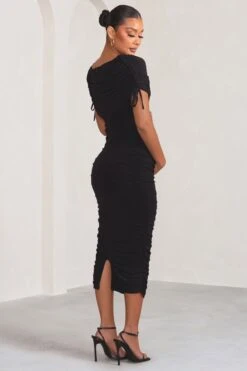Roxanne | Black Ruched Bardot Maternity Midi Dress 8 Roxanne | Black Ruched Bardot Maternity Midi Dress -ENY Clothing Shop WB BR CL129216 RoxanneBlackRuchedBardotMaternityMidiDress8