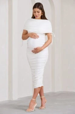 Roxanne | White Ruched Bardot Maternity Midi Dress -ENY Clothing Shop WB BR CL129216005 RoxanneWhiteRuchedBardotMaternityMidiDress2